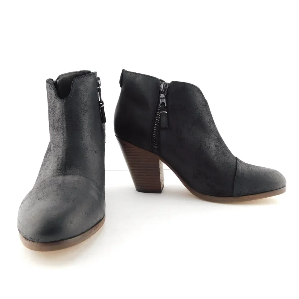 New RAG & BONE Black Leather Cap Toe Block Heel Double Zipper Booties 38.5